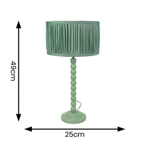 ValueLights Bobbins Sage Green Table Lamp with Ruched Pleated Green Drum Lamp Shade and LED Bulb