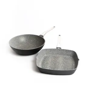 2pc Induction-Safe & Non-Stick Cast Aluminium Pan Set with Grill Pan, 28cm and Wok, 28cm