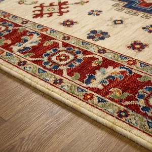 Persian Cream Traditional Easy to Clean Geometric Bordered Wool Rug for Living Room & Bedroom-80cm X 150cm