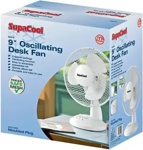 9inch Lightweight Desk Fan Portable 2 Speed Low Noise Oscillation Powerful Airflow Adjustable Tilt 3 Years Guarantee White