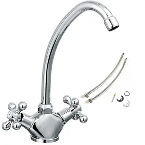 Cascade Penridge Traditional Kitchen Tap Chrome Twin Lever + Flexi Pipes