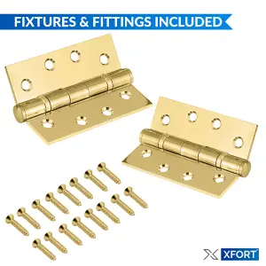 XFORT 4 Inch (100mm) Polished Brass Ball Bearing Hinges, Steel Door Hinge for Wooden Doors (2 Pairs)