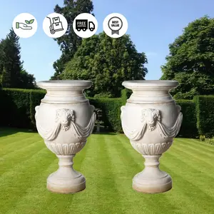 Pair of Extremely Large Draped Lion Head Garden Urns