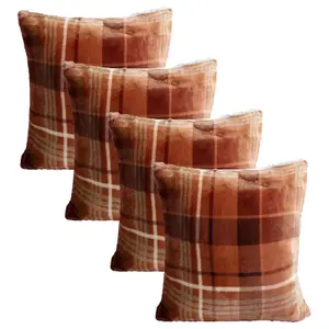 Tartan Check Cushion Covers 4 Pack Case Flannel Fleece Set, 45 x 45cm - Rust