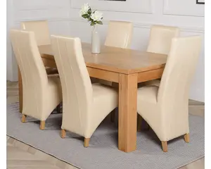 Dakota 182 x 92 cm Chunky Oak Large Dining Table and 6 Chairs Dining Set with Lola Ivory Leather Chairs