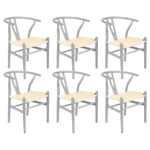 Nicholas Winter Beech Wooden Wishbone Dining Chairs - Grey/Natural - Set of 6