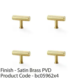 4 PACK - Knurled T Bar Cupboard Door Knob - 55mm x 38mm - Satin Brass Unit Pull Handle