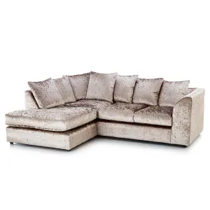 Crystal Crushed Velvet Fabric 3 to 4 Seater L Shaped Corner Sofa Mink Left Hand Facing - Scatter Back