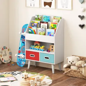 COSTWAY Kids Bookshelf Wooden Children Book Display Rack W/ 2 Foldable Drawers