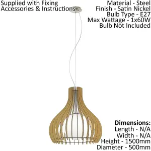 Pendant Ceiling Light Satin Nickel Shade Maple White Wood Glass Bulb E27 1x60W