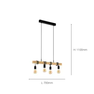 EGLO Townshend Black/Natural Metal & Wood 4-Light Geometric Pendant - Industrial Style (D) 110cm