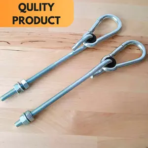 Pair of Galvanized Steel Screw Hooks 150mm Long M10 with Stainless Steel Carabiner, Nuts and Washers - Outdoor Garden Swing Hooks