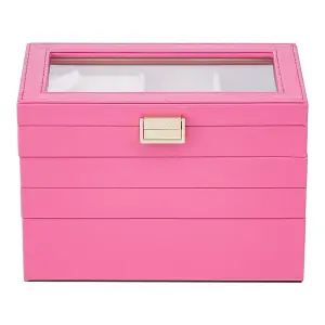 Pink PU Leather and Velvet Lining Elegant Four-Layer Stackable Jewellery Box with Transparent Lid