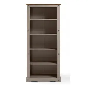 Mercers Furniture Corona Grey Wax Large Bookcase 5 Shelf Open Display Solid Pine with Mexican Styling