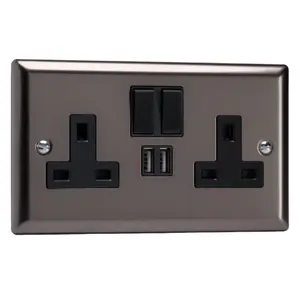 Varilight 2-Gang 13A Single Pole Switched Socket + 2x5V DC 2100mA USB Charging Ports  Pewter