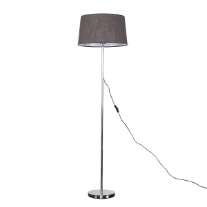 ValueLights Standard Floor Lamp In Polished Chrome Finish With Dark Grey Tapered Shade - Complete With 6w LED Bulb In Warm White