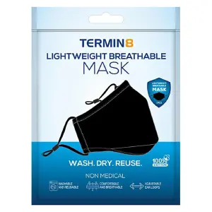 Termin8 Triple Layer Reusable Cotton Face Mask with Activated Charcoal Filter Pocket and Nose Pin, Machine Washable - Black