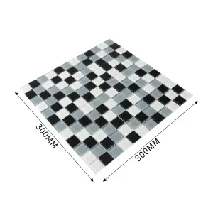 Tarente Black, grey & white Gloss Glass effect Glass Mosaic tile, (L)300mm (W)300mm