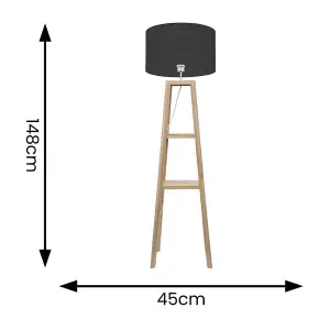 ValueLights Wakefield Two Storage Shelf Wooden Floor Lamp with Black Fabric Shade