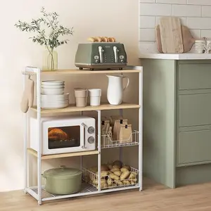 VASAGLE Baker's Rack, Kitchen Island with 2 Metal Mesh Baskets, Shelves and Hooks, Industrial Style, Oak Beige and White