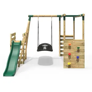 Rebo Wooden Children's Swing Set with Monkey Bars plus Deck & 6ft Slide - Single Boat Swing - Green