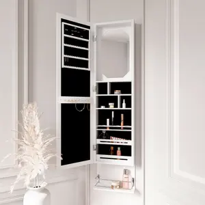 Crystal Wall Door Mounted Full Length Mirror Jewellery Cabinet with LED Lights & Hair Dryer Holder Makeup Storage White