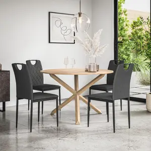 Malvern Round Dining Table And Chairs -  Oak Table Top w Solid Oak Legs + Monza Fabric Dining Chair Set Of 4 (Charcoal)