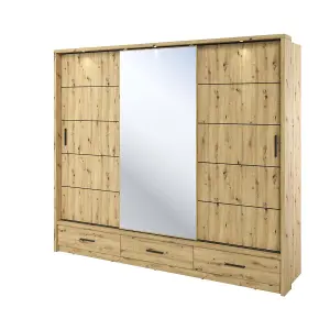 Modern Lux Wardrobe with Shelves and Mirrored Door in Oak Artisan - LED Lit Storage Solution (H2150mm W2500mm D630mm)