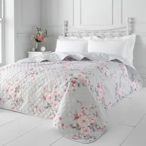 Catherine Lansfield Bedroom Canterbury Floral Quilted 240x260cm Bedspread Grey