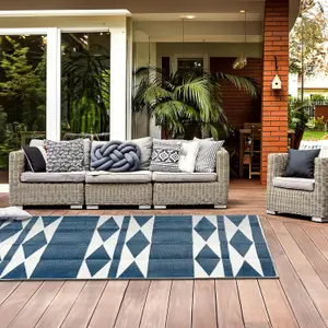 Extra Large Garden Outdoor Rug For Patio, Royal Blue & White Diamond Waterproof Garden Rug 180 x 270cm