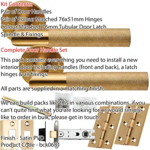 Door Handle & Latch Pack - Satin Brass - Round Knurled Mitred Lever On Round Rose