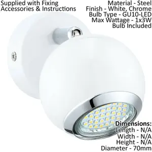 Wall Spot Light Round Bulbous Colour White Chrome Shade Bulb GU10 1x3W Included