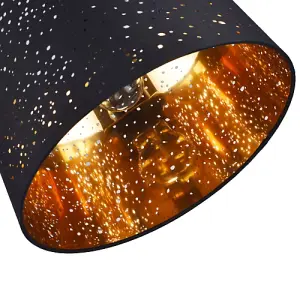 Black Cotton Fabric Drum Pendant Shade with Small Holes and Inner Gold Lining