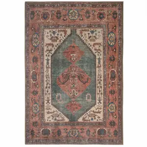 Distressed Terracotta Green Persian Style Washable Non Slip Rug 160x230cm