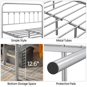 Yaheetech Silver 4ft6 Double Classic Iron Bed Frame with High Headboard and Footboard