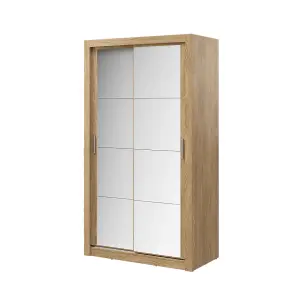 LUX XIX - Stylish Mirrored Sliding Door Wardrobe (H2150mm W1200mm D600mm) With Customisable Interior Layout - Oak Shetland