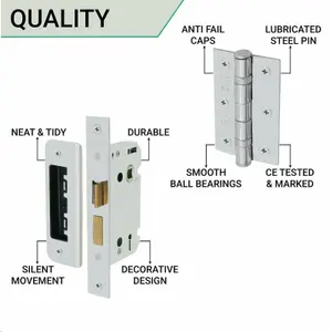 EAI Chrome Door Handle T-Bar Lever on Rose Lock Kit / Pack - 64mm Sash Lock & 76mm Hinges - Polished Chrome