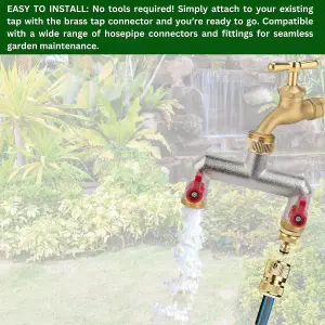 Brass 2-Way Garden Hose Tap Splitter with PTFE Tape  Durable three-quarts" Outdoor Tap Connector with Individual Valves