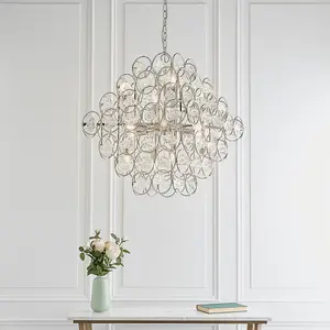 Polished Nickel Tiered Ceiling Pendant Light - Ornate Crystal Details - 14 Bulb