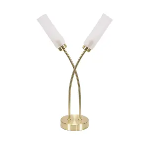 ValueLights Maya 2 Way Curved Arm Cross Over Brushed Gold Table Lamp for Living Room Hallway Bedside Light