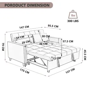 Sofa Bed Double, Convertible 3 in 1 Pull Out Velvet Sofa Bed, 2 Seater Guest Bed Settee, Max Load 300LBS - Gray