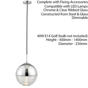 Hanging Ceiling Pendant Light CHROME & RIBBED GLASS Sphere Ball Lamp Bulb Holder