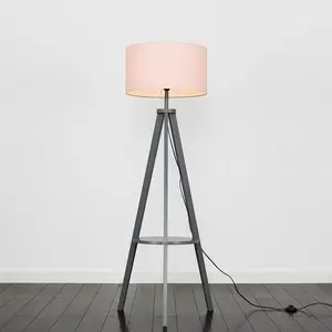 Ismay 149 cm Morrigan Wood Tripod Floor Lamp with Shelf & XL Reni Shade Grey / Pink / Yes