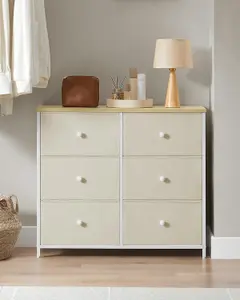 SONGMICS Chest of Drawers, 6 Fabric Drawers with Metal Frame, Storage Organiser Unit, Dresser, Camel Yellow and Cream White