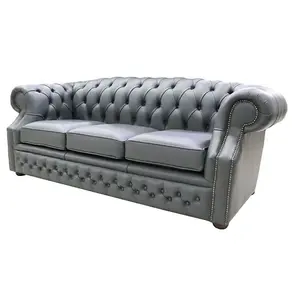 Chesterfield 3 Seater Vele Charcoal Grey Leather Sofa In Buckingham Style