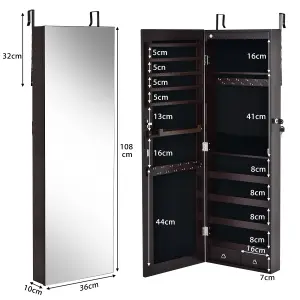 Costway Lockable LED Lights Jewelry Cabinet W/ Mirror Wall/Door Mounted Jewelry Armoire