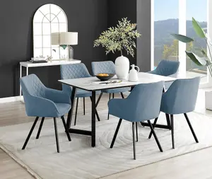 Furniturebox UK Carson White Marble Effect Dining Table & 6 Blue Falun Black Leg Chairs