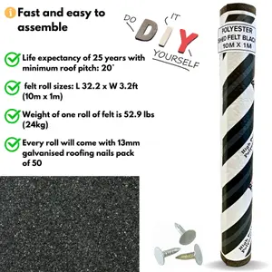 Heavy-Duty Black Polyester Shed Roofing Felt (10m x 1m) - With 13mm Pack of 50 Galvanized Nails - 25Year Life Expectancy Roof Felt