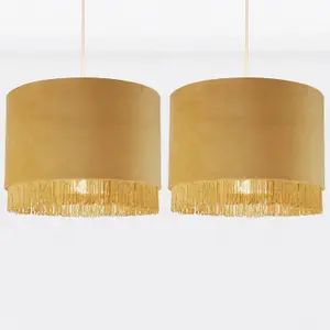 First Choice Lighting Set of 2 Sand Velvet With Chrome Inner Tassled Light Shades