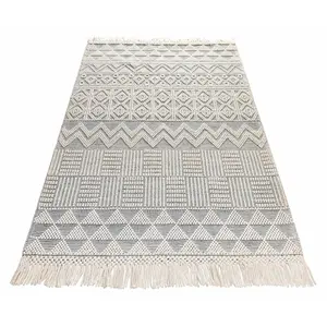 Ivory Kilim Geometric Luxurious Modern Wool Moroccan Wool Hand Made Rug For Dining Room Bedroom & Living Room-160cm X 220cm